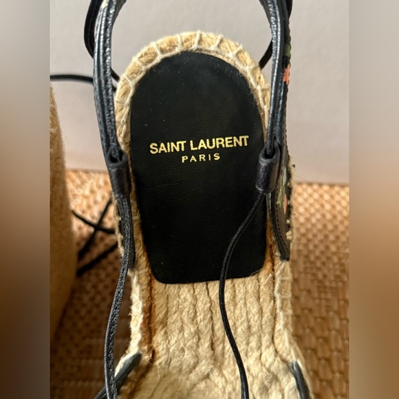 Saint Laurent YSL Black Leather Floral Espadrilles Wedge Sandals,Heels,US 6.5 - Picture 3 of 11